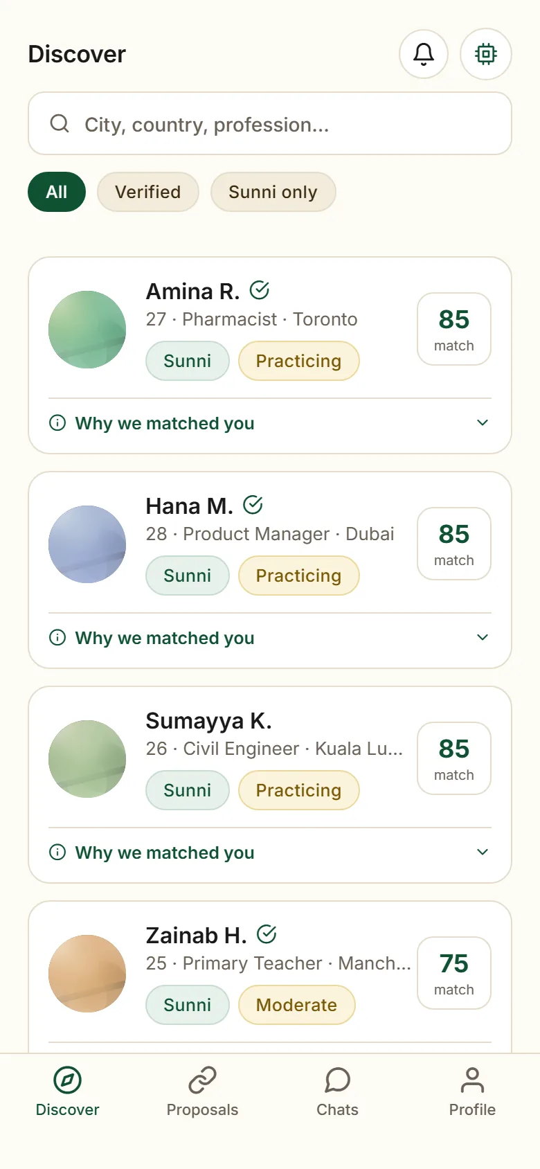 Browsing verified candidate profiles in the HamKuf app