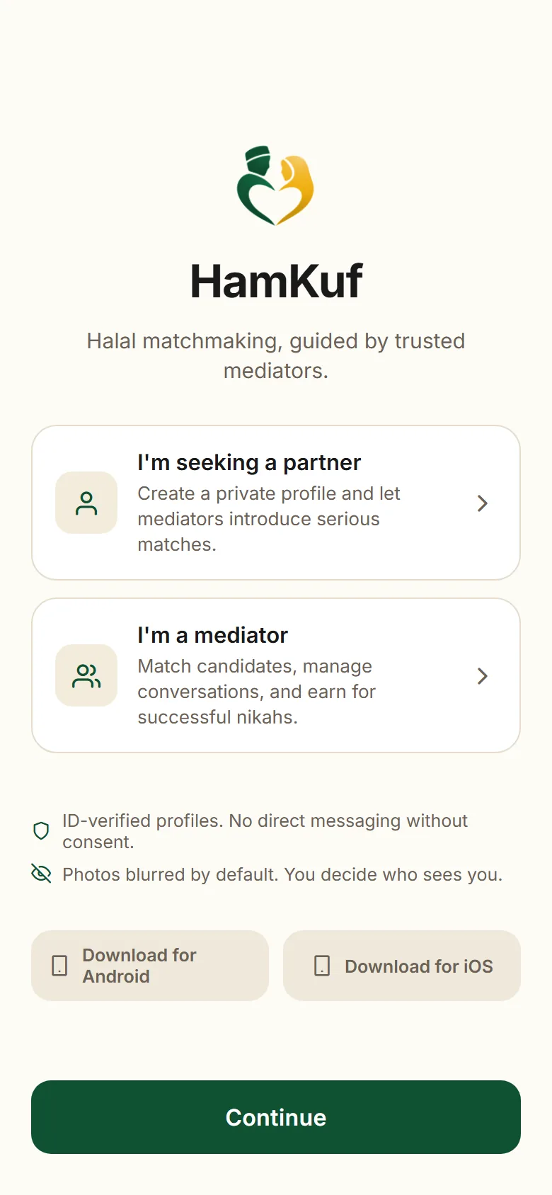 HamKuf welcome screen in the mobile app